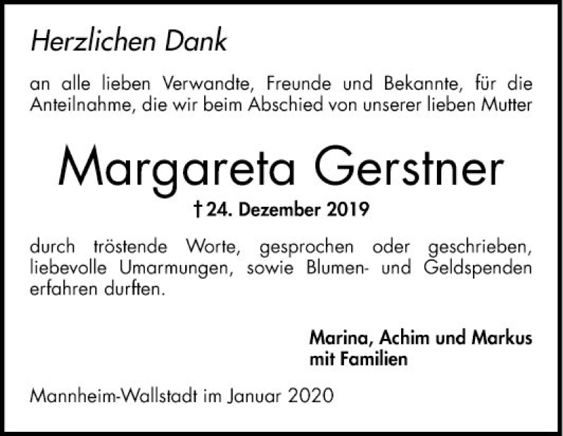  Traueranzeige für Margareta Gerstner vom 18.01.2020 aus Mannheimer Morgen