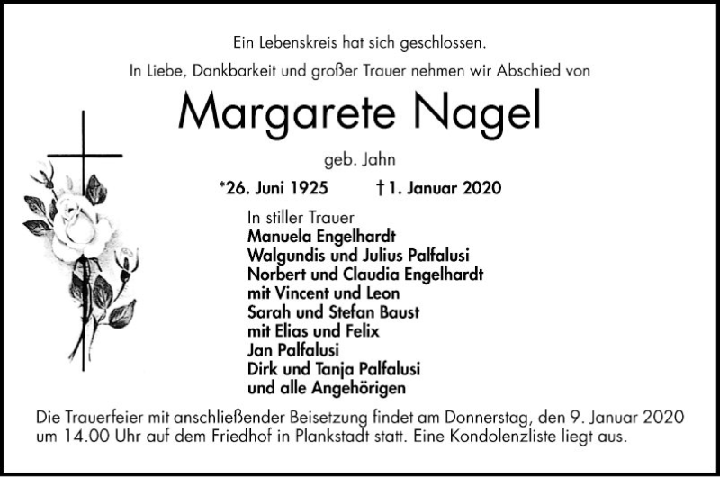  Traueranzeige für Margarete Nagel vom 04.01.2020 aus Schwetzinger Zeitung