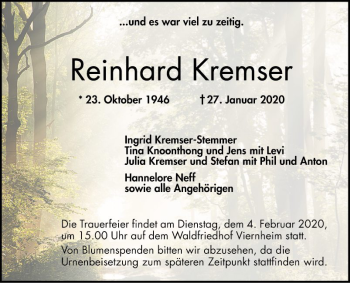 Traueranzeige von Reinhard Kremser von Südhessen Morgen