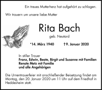 Traueranzeige von Rita Bach von Mannheimer Morgen