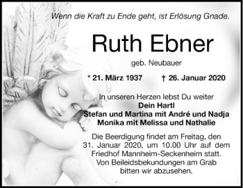 Traueranzeige von Ruth Ebner von Mannheimer Morgen