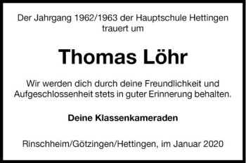 Traueranzeige von Thomas Löhr von Fränkische Nachrichten