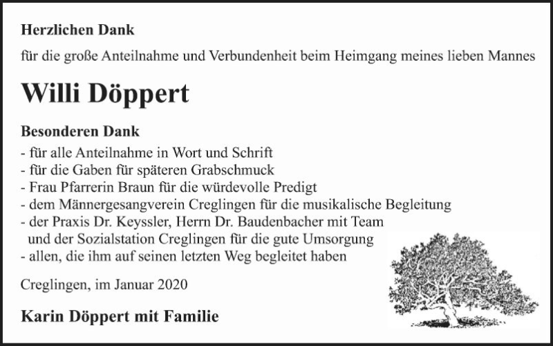  Traueranzeige für Willi Döppert vom 11.01.2020 aus Fränkische Nachrichten