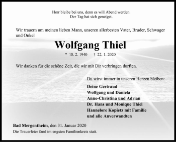 Traueranzeige von Wolfgang Thiel von Fränkische Nachrichten