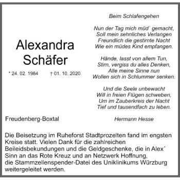 Traueranzeige von Alexandra Schäfer von Fränkische Nachrichten