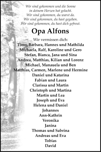 Traueranzeige von Alfons  von Fränkische Nachrichten