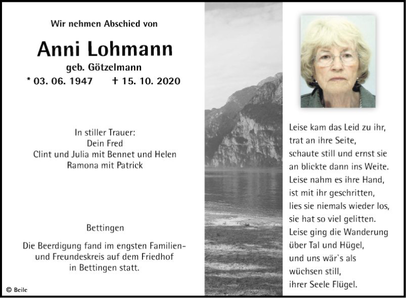  Traueranzeige für Anni Lohmann vom 22.10.2020 aus Fränkische Nachrichten