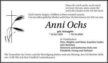 Traueranzeige von Anni Ochs von Mannheimer Morgen
