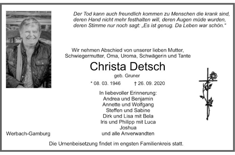  Traueranzeige für Christa Detsch vom 06.10.2020 aus Fränkische Nachrichten