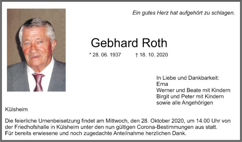  Traueranzeige für Gebhard Roth vom 24.10.2020 aus Fränkische Nachrichten