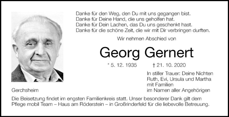  Traueranzeige für Georg Gernert vom 28.10.2020 aus Fränkische Nachrichten