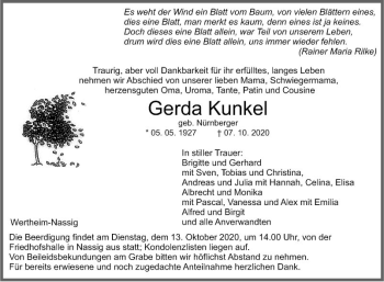 Traueranzeige von Gerda Kunkel von Fränkische Nachrichten