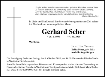 Traueranzeige von Gerhard Seher von Fränkische Nachrichten