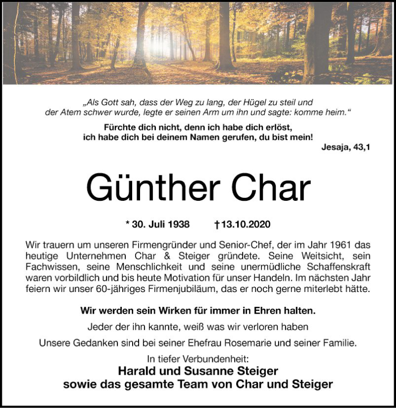  Traueranzeige für Günther Char vom 17.10.2020 aus Mannheimer Morgen