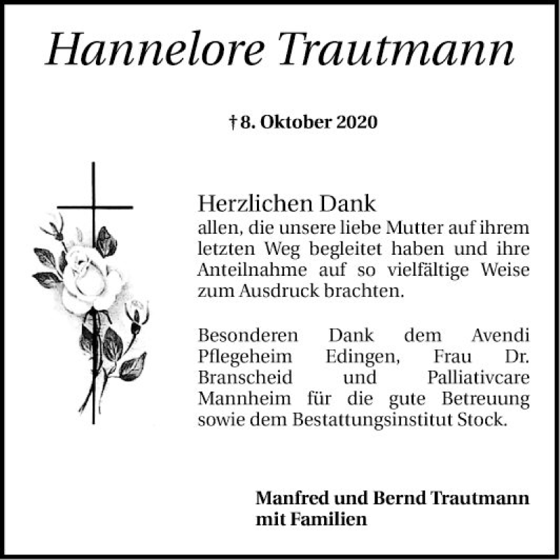  Traueranzeige für Hannelore Trautmann vom 31.10.2020 aus Mannheimer Morgen