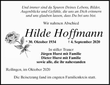 Traueranzeige von Hilde Hoffmann von Schwetzinger Zeitung