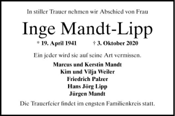 Traueranzeige von Inge Mandt-Lipp von Mannheimer Morgen
