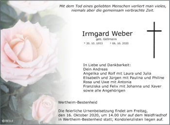 Traueranzeige von Irmgard Weber von Fränkische Nachrichten
