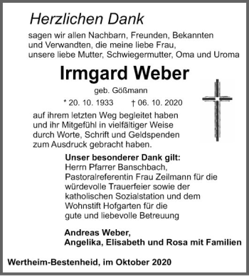 Traueranzeige von Irmgard Weber von Fränkische Nachrichten