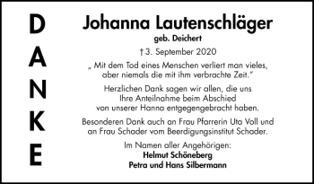 Traueranzeige von Johanna Lautenschläger von Bergsträßer Anzeiger
