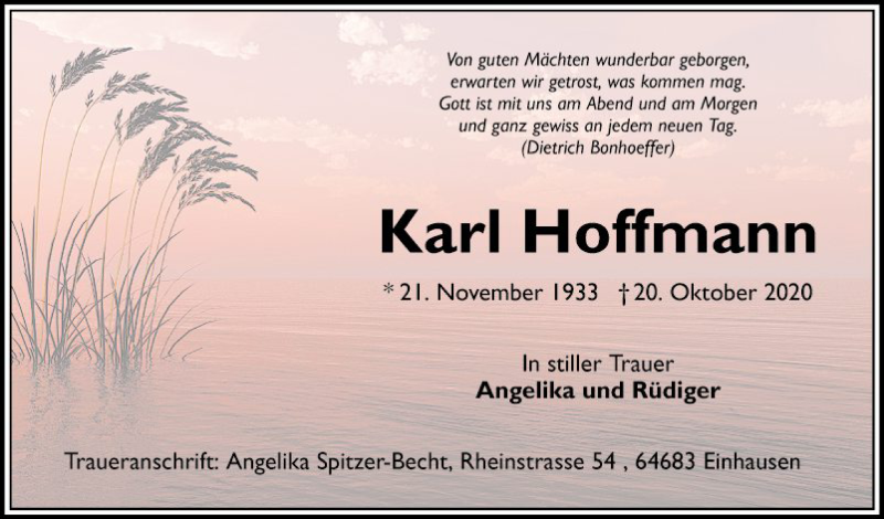  Traueranzeige für Karl Hoffmann vom 24.10.2020 aus Schwetzinger Zeitung