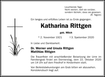Traueranzeige von Katharina Rittgen von Schwetzinger Zeitung