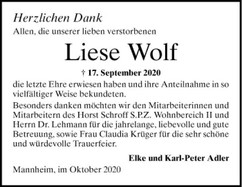 Traueranzeige von Liese Wolf von Mannheimer Morgen