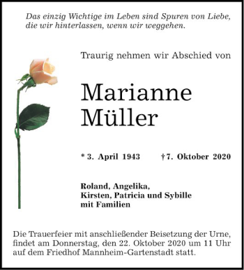 Traueranzeige von Marianne Müller von Mannheimer Morgen