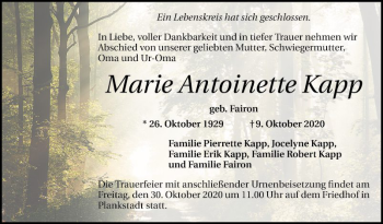 Traueranzeige von Marie Antoinette Kapp von Schwetzinger Zeitung