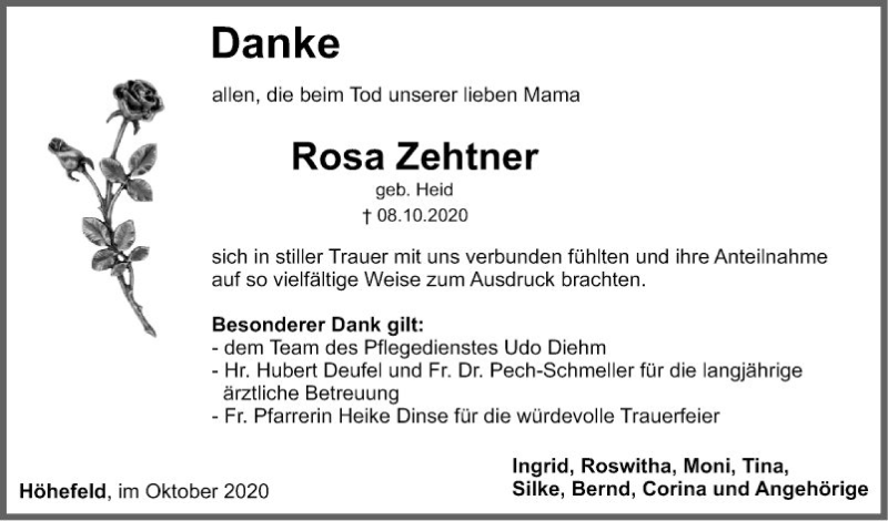  Traueranzeige für Rosa Zehtner vom 24.10.2020 aus Fränkische Nachrichten