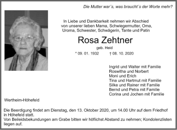 Traueranzeige von Rosa Zehtner von Fränkische Nachrichten