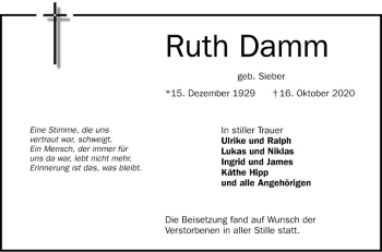 Traueranzeige von Ruth Damm von Schwetzinger Zeitung