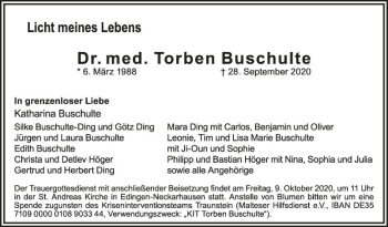 Traueranzeige von Torben Buschulte von Mannheimer Morgen