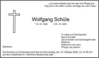 Traueranzeige von Wolfgang Schüle von Fränkische Nachrichten