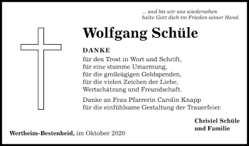 Traueranzeige von Wolfgang Schüle von Fränkische Nachrichten