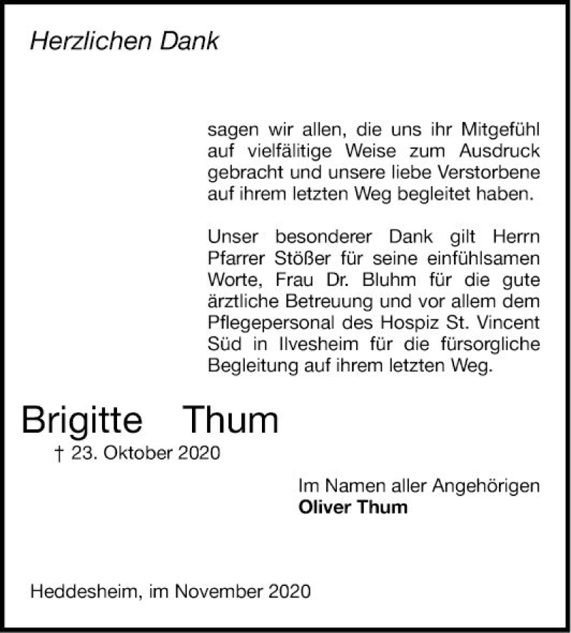  Traueranzeige für Brigitte Thum vom 07.11.2020 aus Mannheimer Morgen