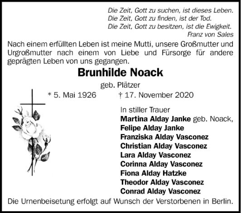  Traueranzeige für Brunhilde Noack vom 28.11.2020 aus Mannheimer Morgen