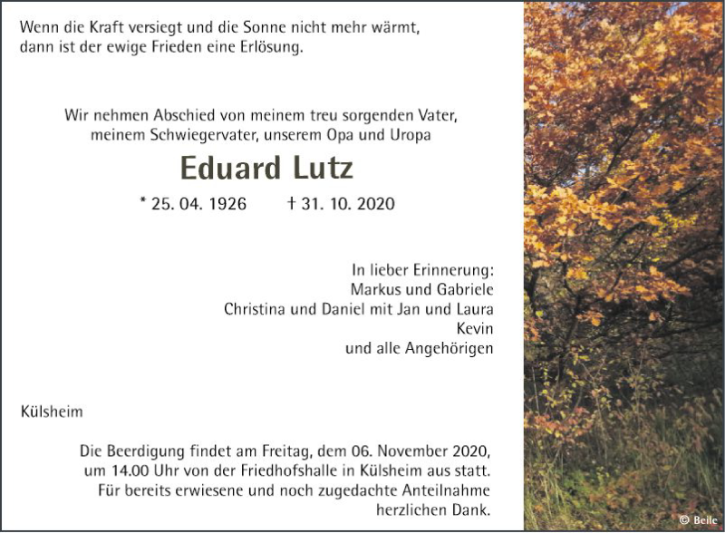  Traueranzeige für Eduard Lutz vom 05.11.2020 aus Fränkische Nachrichten