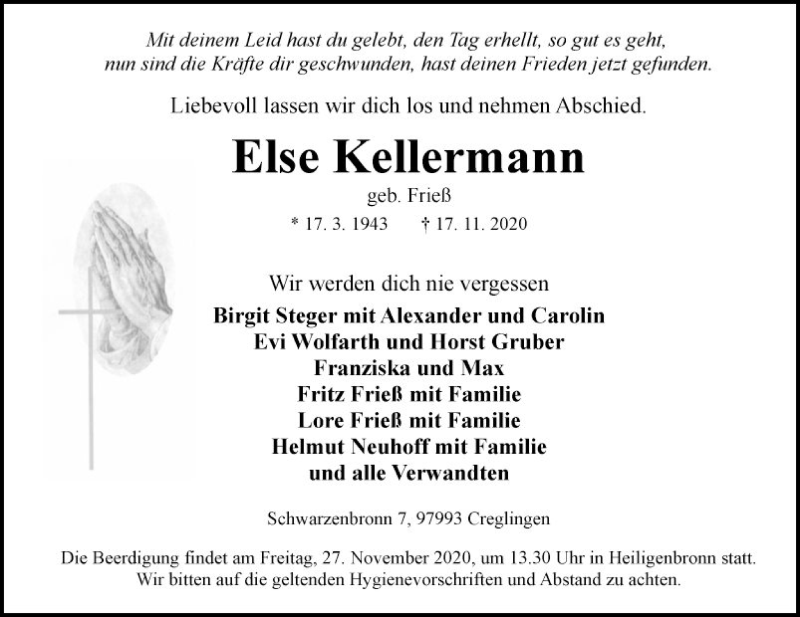  Traueranzeige für Else Kellermann vom 24.11.2020 aus Fränkische Nachrichten