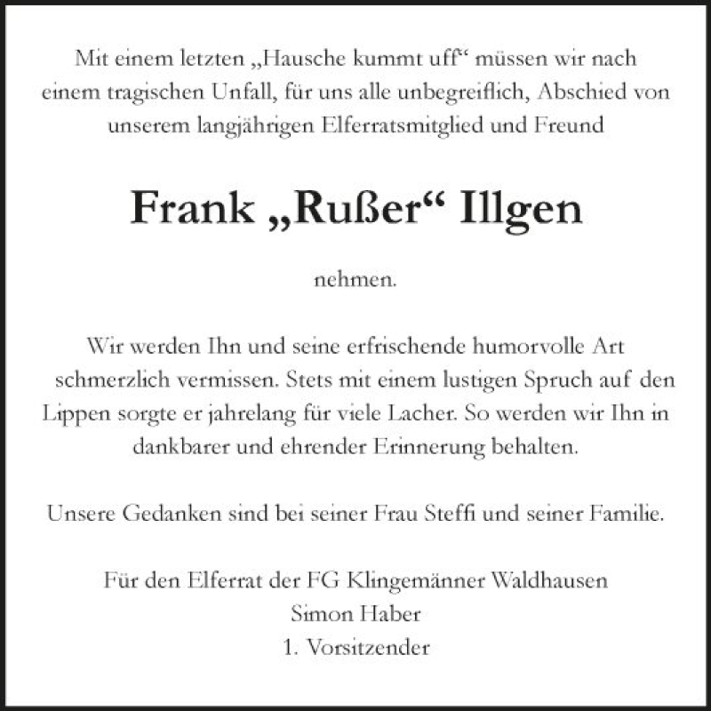  Traueranzeige für Frank Illgen vom 07.11.2020 aus Fränkische Nachrichten