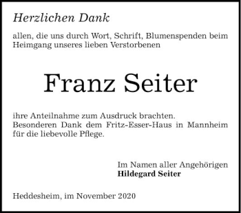 Traueranzeige von Franz Seiter von Mannheimer Morgen