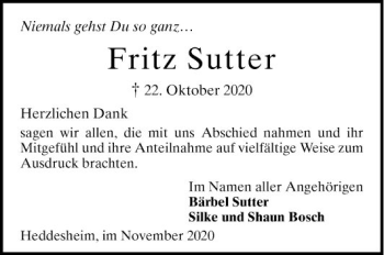 Traueranzeige von Fritz Sutter von Mannheimer Morgen