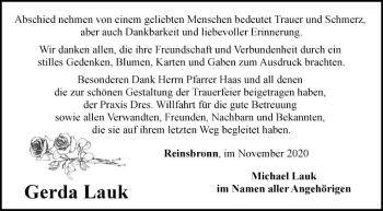 Traueranzeige von Gerda Lauk von Fränkische Nachrichten