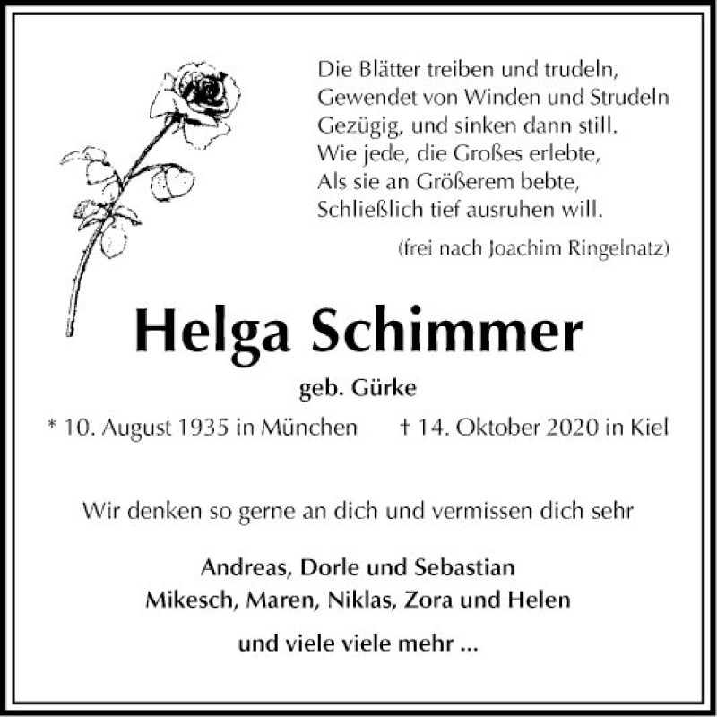  Traueranzeige für Helga Schimmer vom 07.11.2020 aus Mannheimer Morgen