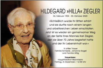 Traueranzeige von Hildegard Ziegler von Mannheimer Morgen