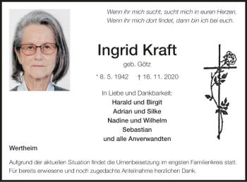 Traueranzeige von Ingrid Kraft von Fränkische Nachrichten