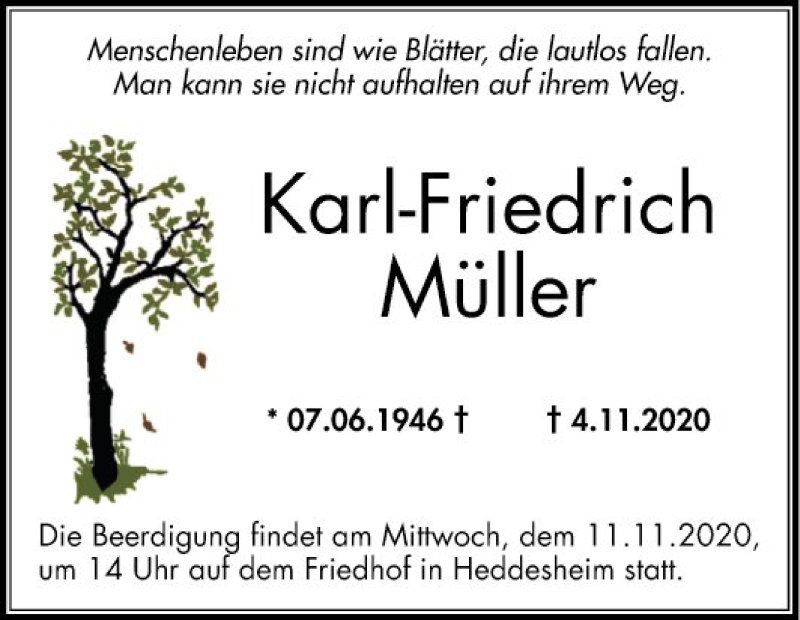  Traueranzeige für Karl-Friedrich Müller vom 10.11.2020 aus Mannheimer Morgen