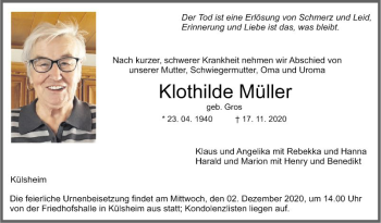 Traueranzeige von Klothilde Müller von Fränkische Nachrichten