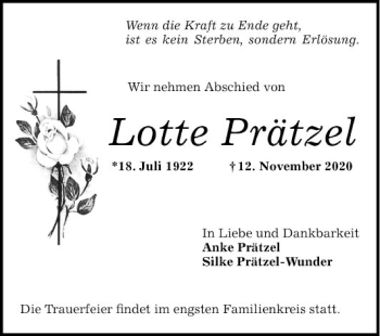 Traueranzeige von Lotte Prätzel von Mannheimer Morgen
