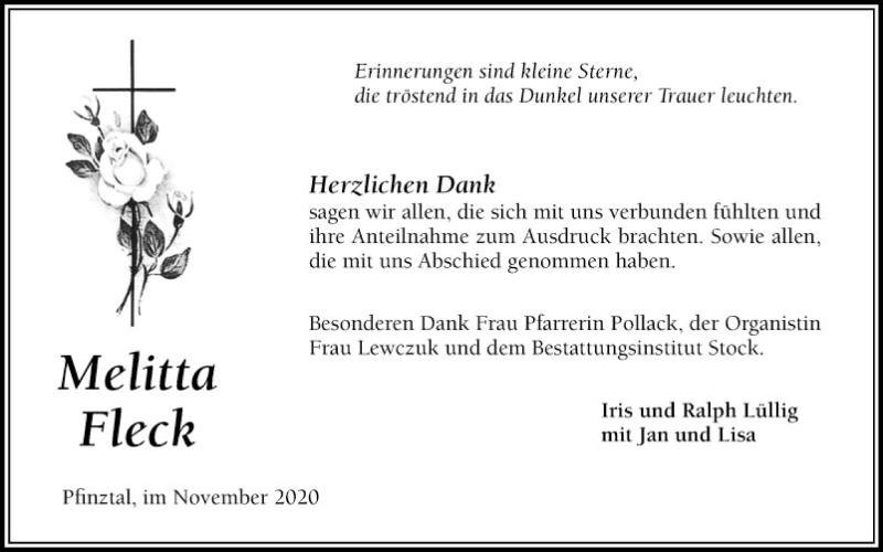  Traueranzeige für Melitta Fleck vom 14.11.2020 aus Mannheimer Morgen